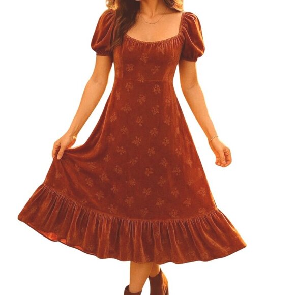 Lait Collection Velvet Dress Size XL Rust Floral Puff Sleeve Ruffle Hem Retro - Picture 1 of 17